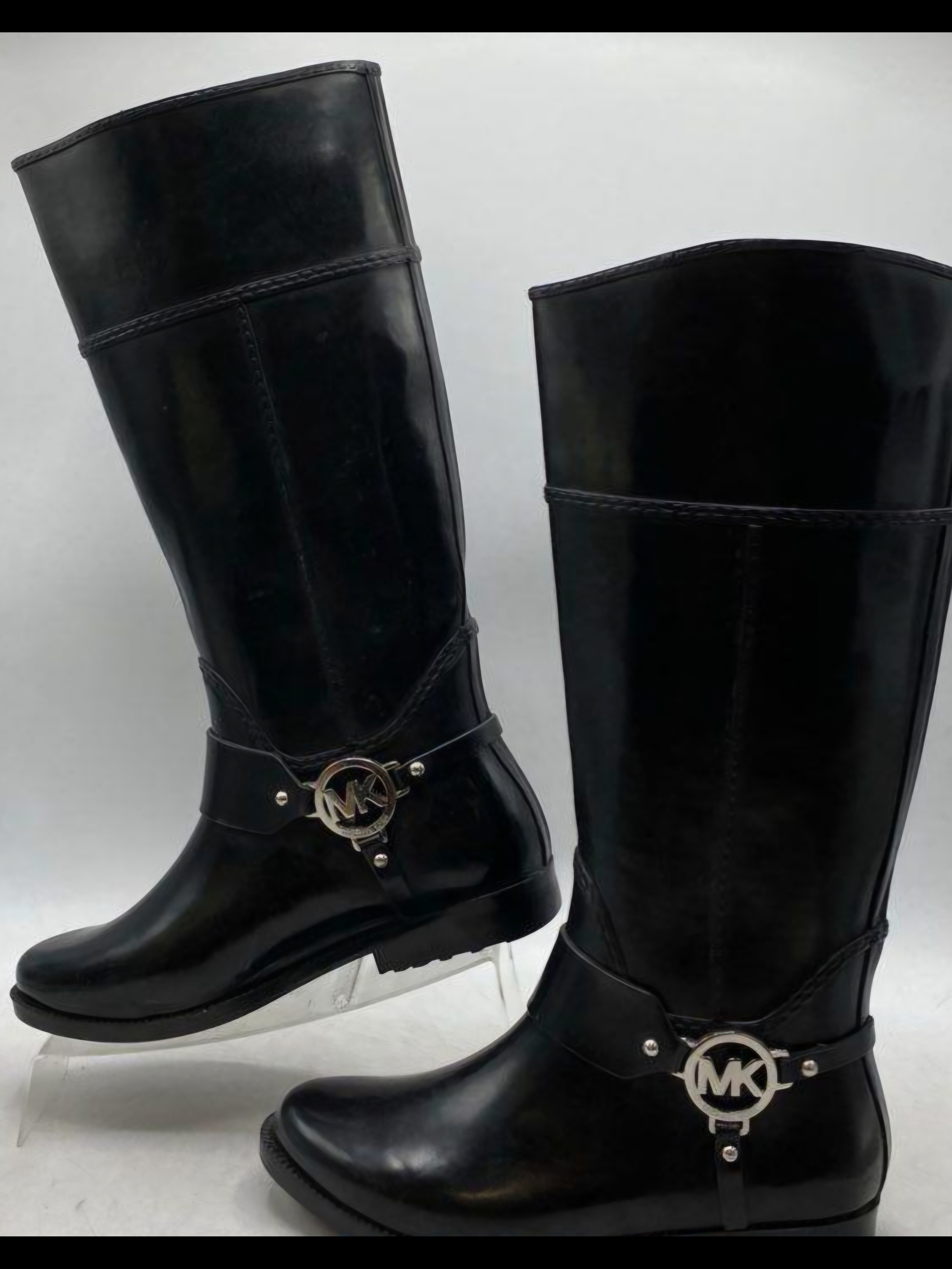 Michael Kors Black Leather Tall Harness Rainboots With Mk Medallion Size 7